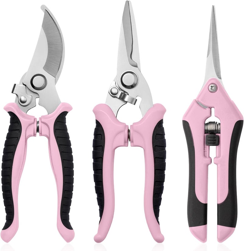 Drametic+ 3 Pack Garden Pruning Shears, Stainless Steel Shears, Gardening Shears Scissors Pruning Shears for Gardening Tools (3PCS Pink and Black) - Image 1